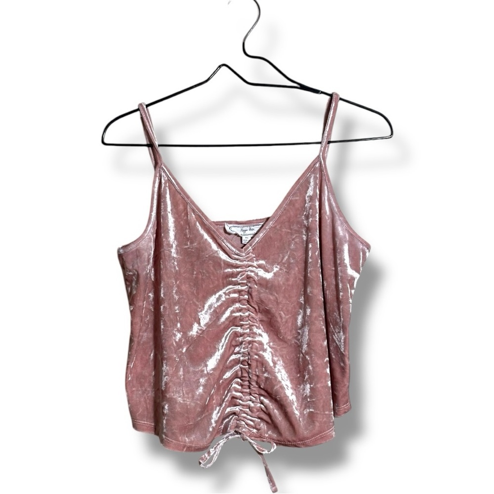 Hippie Rose Baby Pink Velour Ruched Drawstring Thin Straps Cropped Camisole Top - Picture 8 of 16